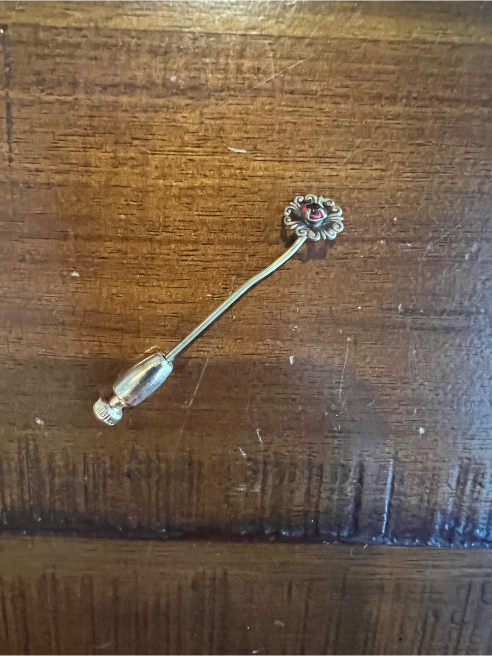 Brass and garnet-colored stone vintage stick pin—uniquely amazing!